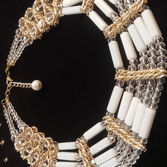 Napier Jewelry - Napier milk glass, gold & crystal cut clear glass beaded collar or bib necklace